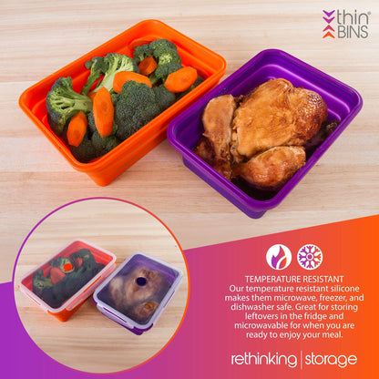 Thin Bins Collapsible Containers Set of 4 Round Silicone Food Storage Containers BPA Free, Microwave, Dishwasher and Freezer Safe - No more cluttered container cabinet! SC-149A