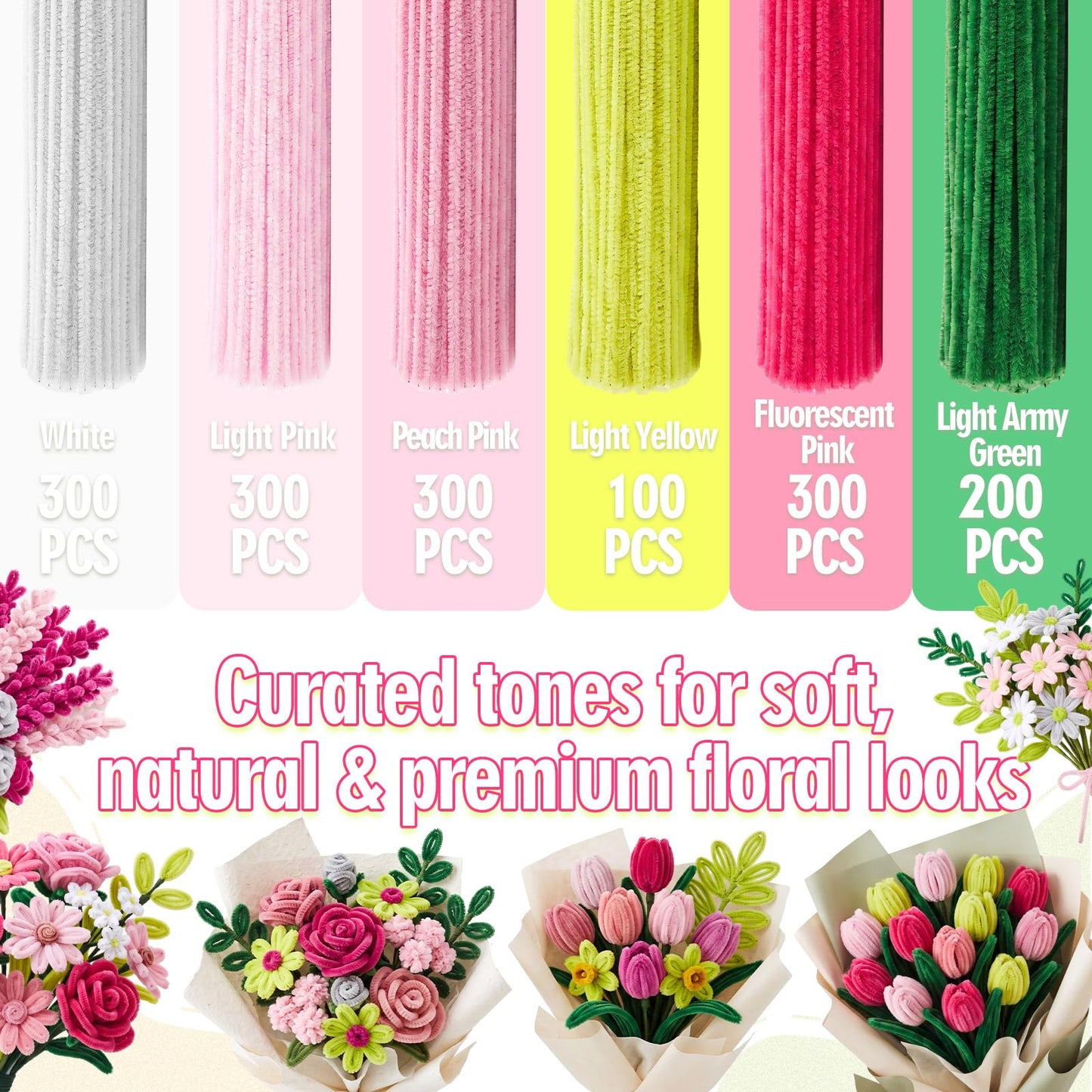 Rivvlive Pipe Cleaner Flower Kit, 1500 Pcs Pipe Cleaners Craft Chenille Stems Bulk with Floral Wires DIY Bouquets Gardening Tape Stamen Ribbon Beads for Art Craft Supplies Gift(Pink Set)