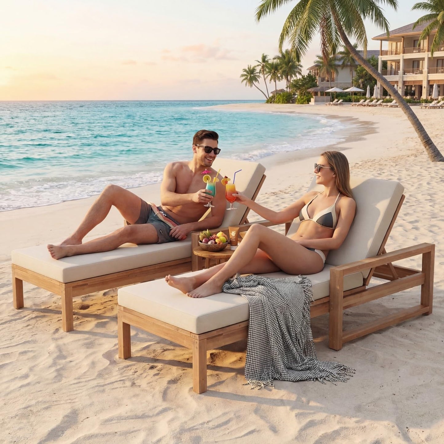 Outdoor Chaise Lounge Chair Set of 2, Patio Chaise Lounge Recliner with Adjustable Backrest, Acacia Wood Poolside Chaise Lounge with Thick All-Weather Cushions for Patio, Deck and Backyard(A)