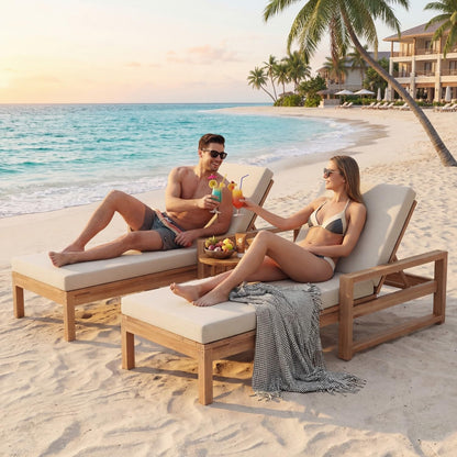 Outdoor Chaise Lounge Chair Set of 2, Patio Chaise Lounge Recliner with Adjustable Backrest, Acacia Wood Poolside Chaise Lounge with Thick All-Weather Cushions for Patio, Deck and Backyard(A)