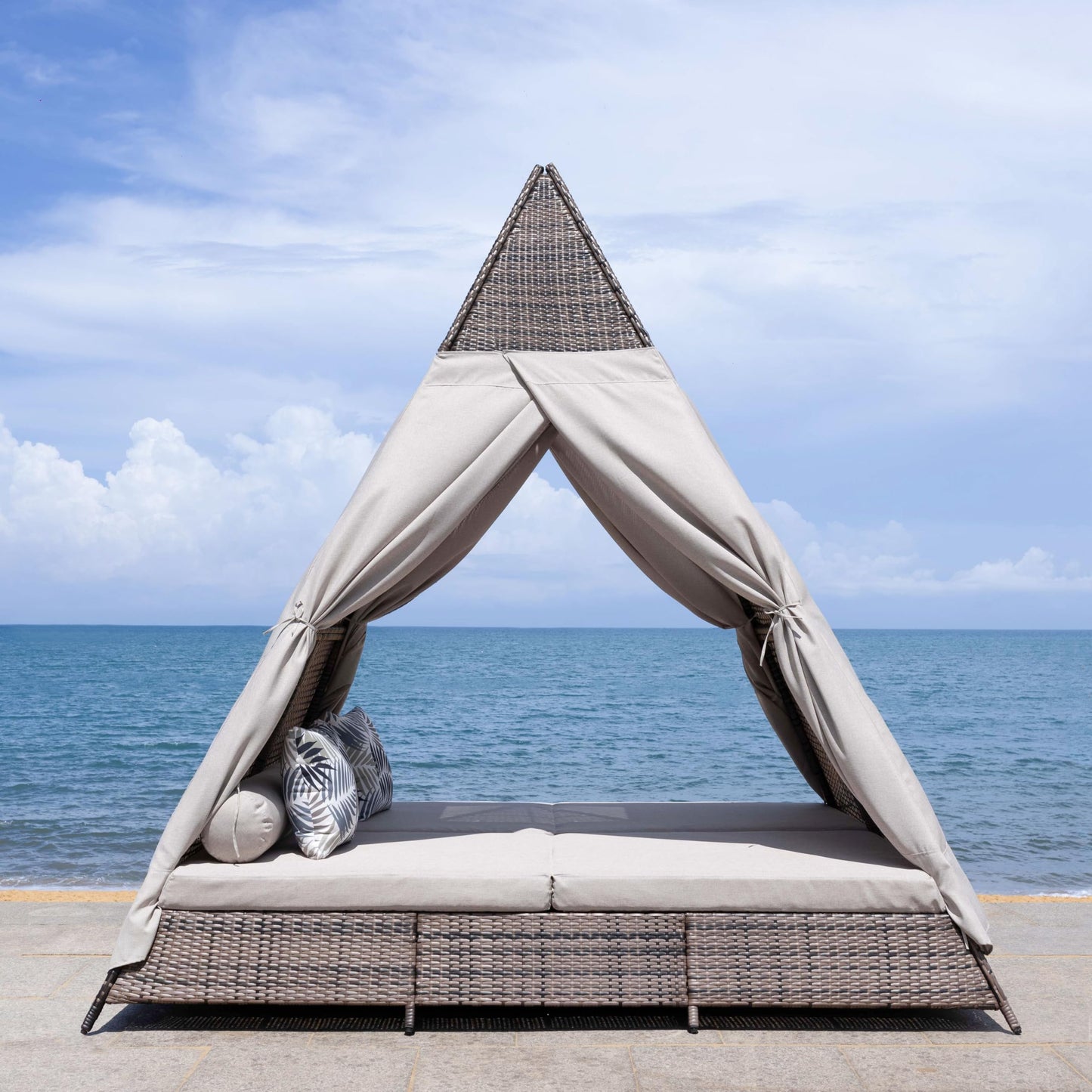 SAFAVIEH Outdoor Patio Furniture Collection – Bongo Grey & Light Grey Wicker Outdoor Daybed with Canopy, Modern Pyramid Design (PAT7736B)