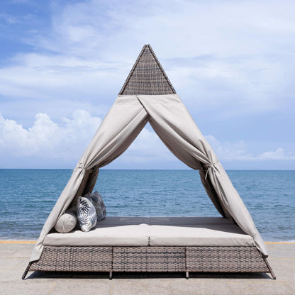 SAFAVIEH Outdoor Patio Furniture Collection – Bongo Grey & Light Grey Wicker Outdoor Daybed with Canopy, Modern Pyramid Design (PAT7736B)
