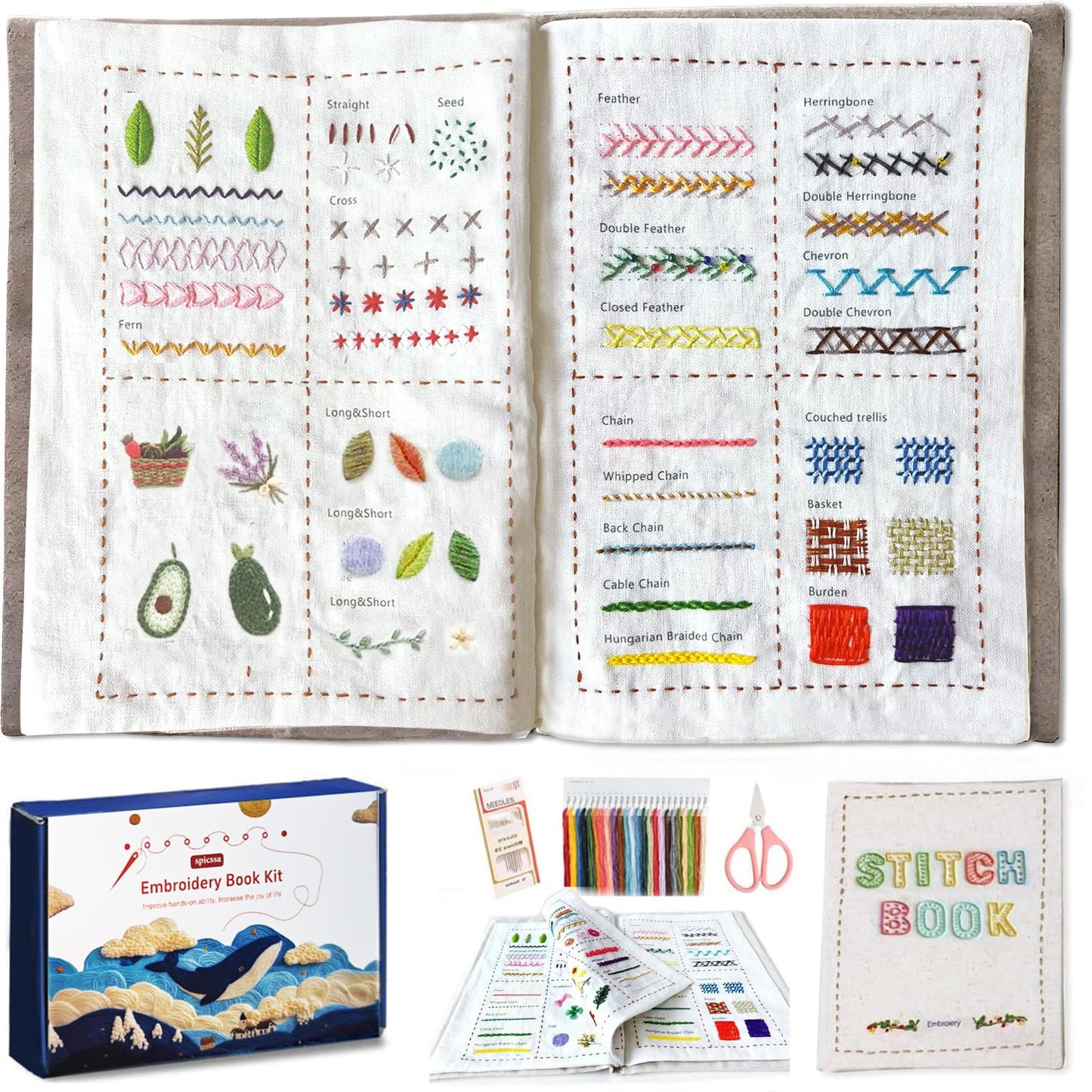 spicssa 2026 Upgraded Embroidery Stitch Book Kit, All in One Sewing Embroidery Kits, Starter Practice Patterns, Complete Tool kit and VideoTutorials, Gifts for Girlfriends, Mothers, and Craft Lovers