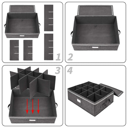 popoly Mug Storage Box with dividers, China Coffee Cup Storage Containers with Zipper Lid and Rivet Reinforced Handles, Holds 12 Coffee Mugs and Tea Cups, Structured Top and Stackable (Grey)