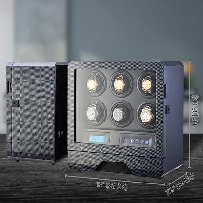 6 Watch Winder with LED Light, LCD Display and Storage Drawer (Carbon)