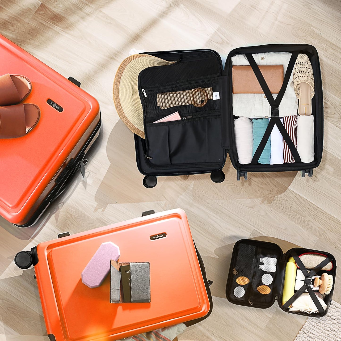 TRAVELARIM Orange Hardshell Luggage Sets 4 Piece, Durable Suitcase Set, Travel Luggage Set with Integrated TSA Lock, 360° Spinner Wheels, Expandable Medium and Large Checked Suitcase, 20/24/28 Inch