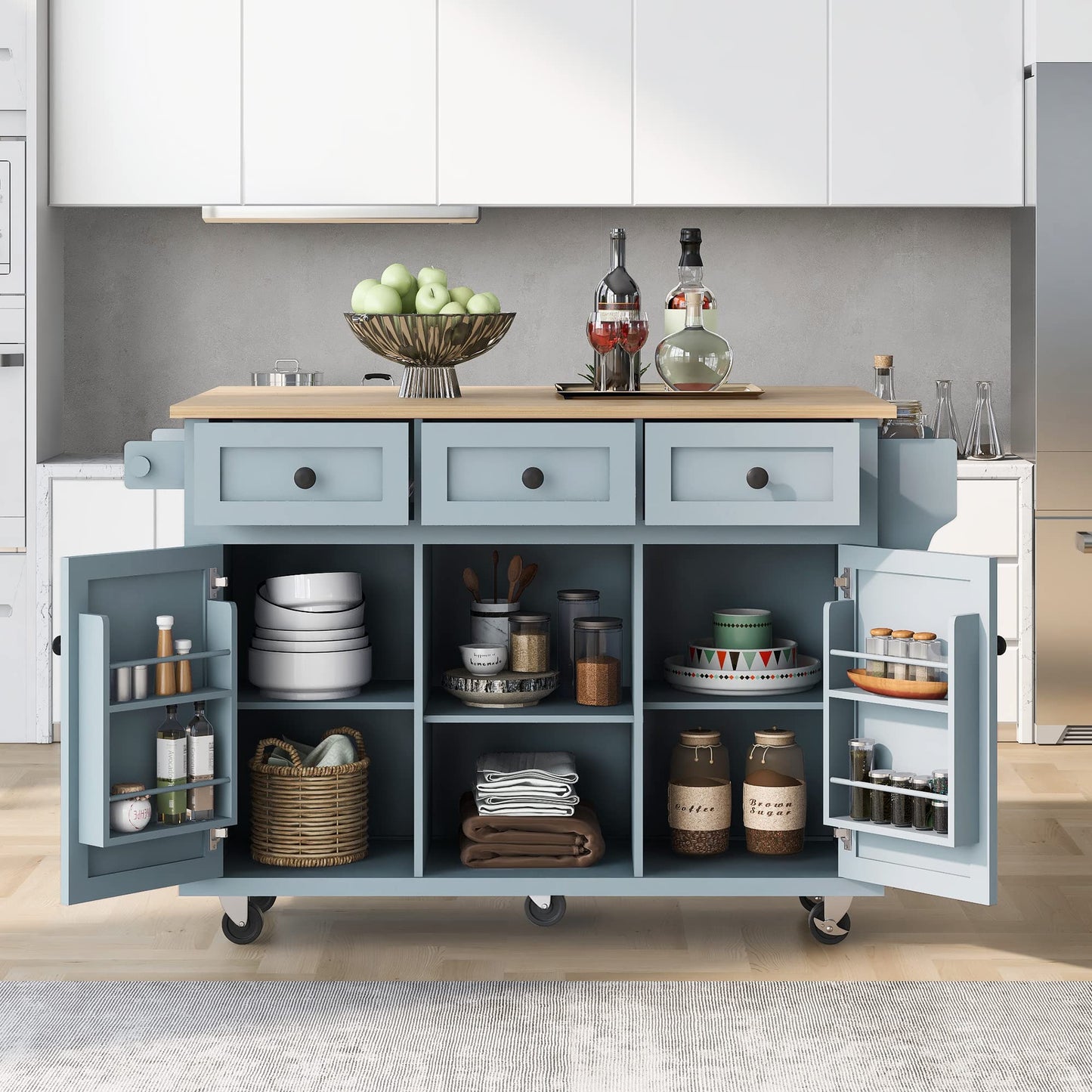 Yayzy Rolling Kitchen Island with Drop Leaf, Cabinet Door Storage Racks & 3 Drawers, Mobile Kitchen Cart with Rubberwood Top & Locking Wheels for Dining Room & Kitchen, 53-Inch, Grey Blue
