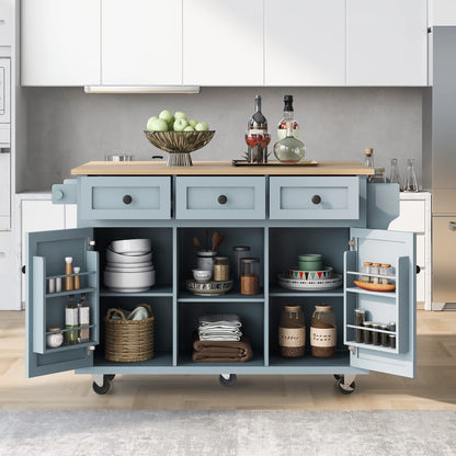 Yayzy Rolling Kitchen Island with Drop Leaf, Cabinet Door Storage Racks & 3 Drawers, Mobile Kitchen Cart with Rubberwood Top & Locking Wheels for Dining Room & Kitchen, 53-Inch, Grey Blue