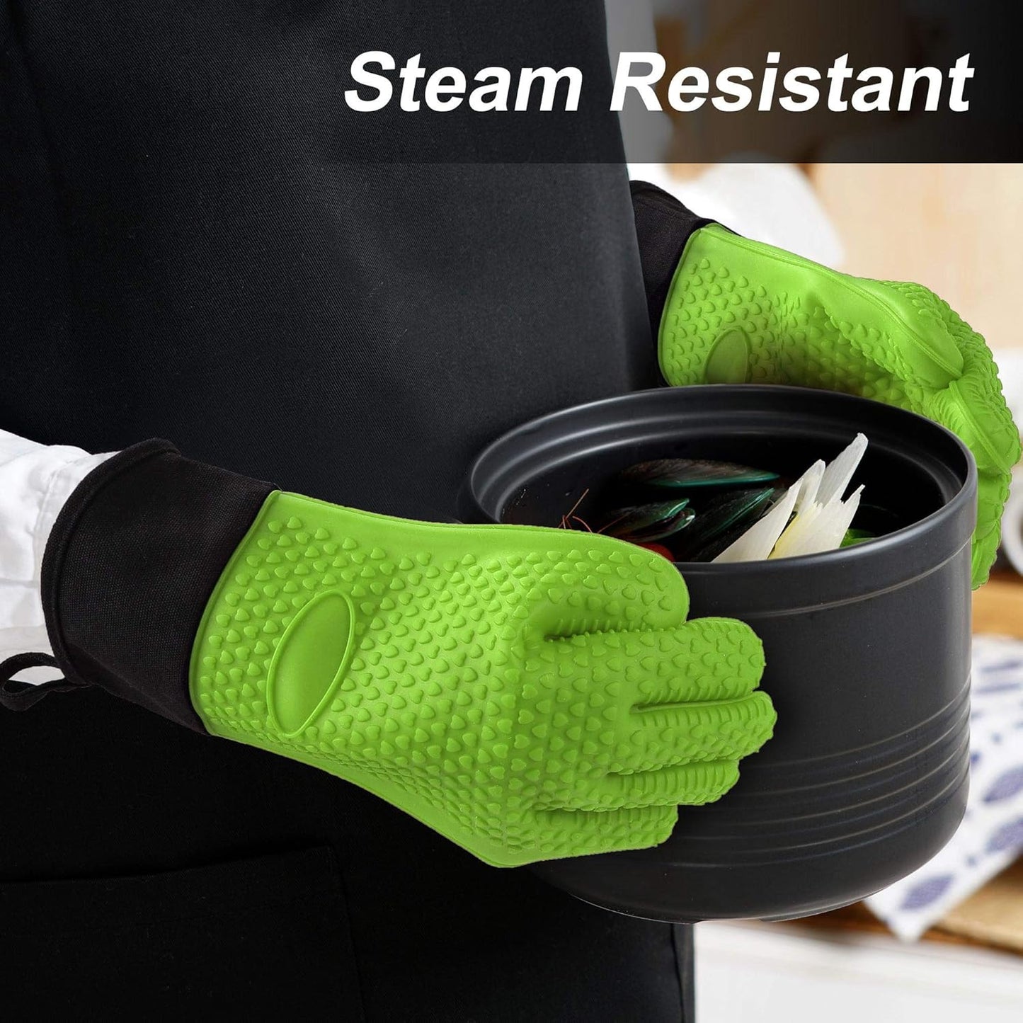 uxcell Silicone Oven Mitts, Heat Resistant Gloves, Non-Slip Grip, Kitchen Hand Protection, Green, 1 Pair