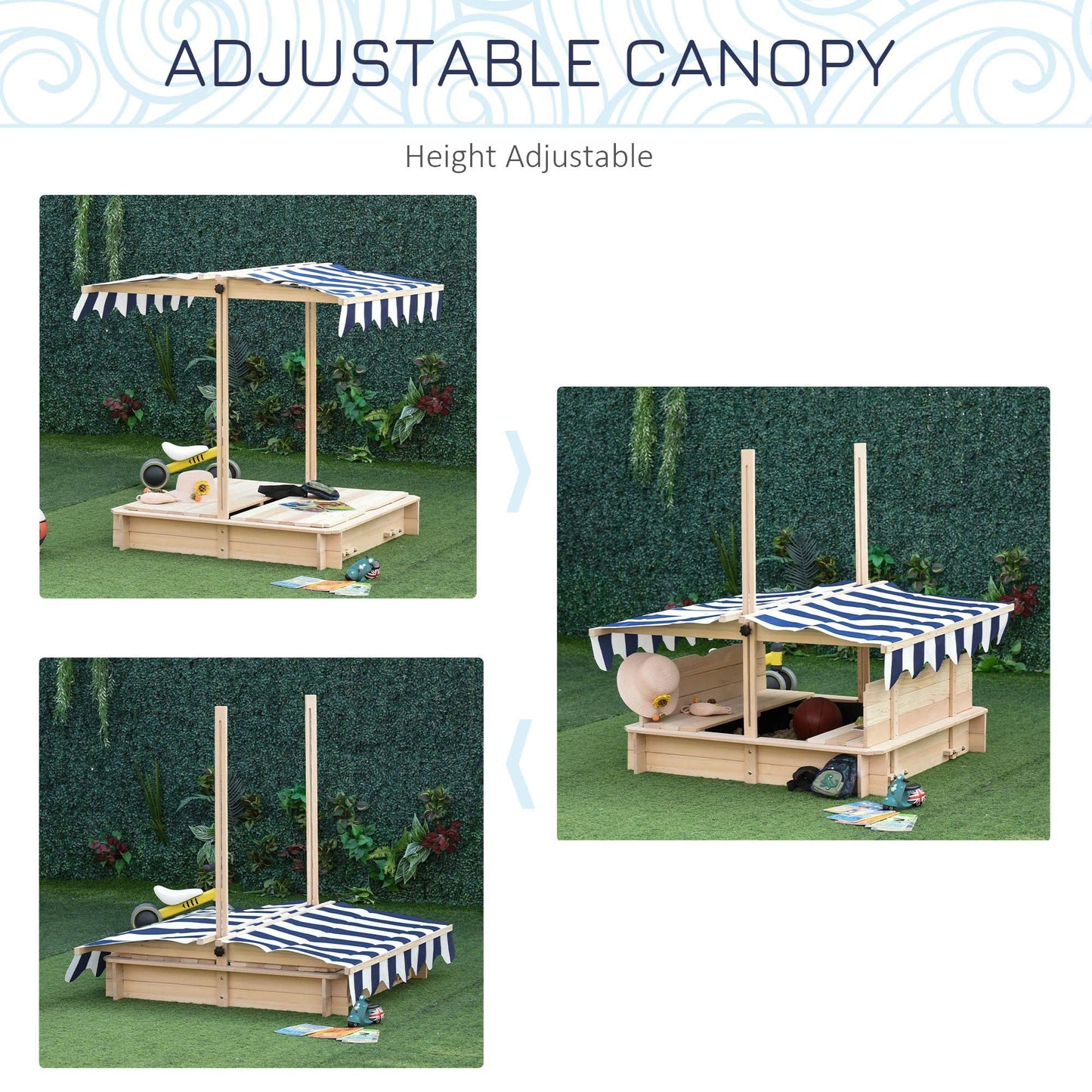 Wooden Kids Sandbox with Cover, Children Outdoor Sand Box with Foldable Bench Seats, Adjustable Canopy, Bottom Liner for Outdoor, Natural