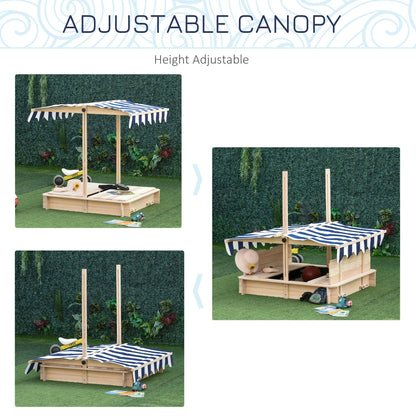 Wooden Kids Sandbox with Cover, Children Outdoor Sand Box with Foldable Bench Seats, Adjustable Canopy, Bottom Liner for Outdoor, Natural