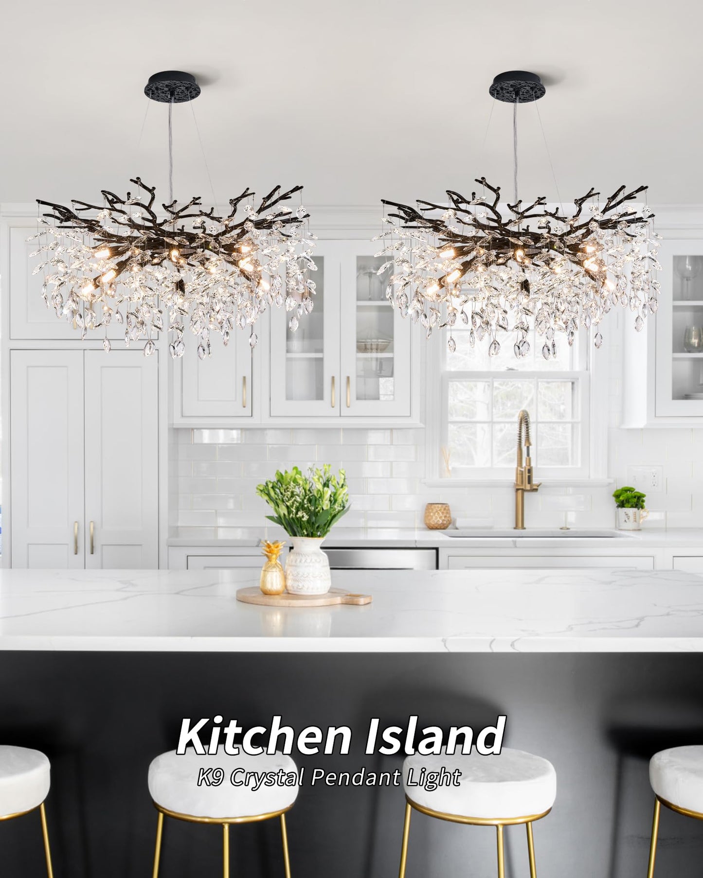 witkey Modern Tree Branch Crystal Chandelier Luxury Black Crystal Pendant Lighting 30" Contemporary 10-Light Chandeliers for Dining Room Kitchen Bedroom Living Room