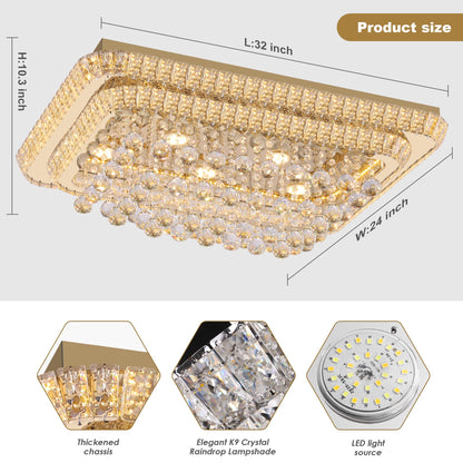 32 inch Crystal Flush Mount Chandelier, Modern Raindrop Crystal Gold Chandeliers with Remote and APP, 3 Colors Temp & Brightness Adjustable, Ceiling Light for Bedroom Hallway DiningRoom Living Room