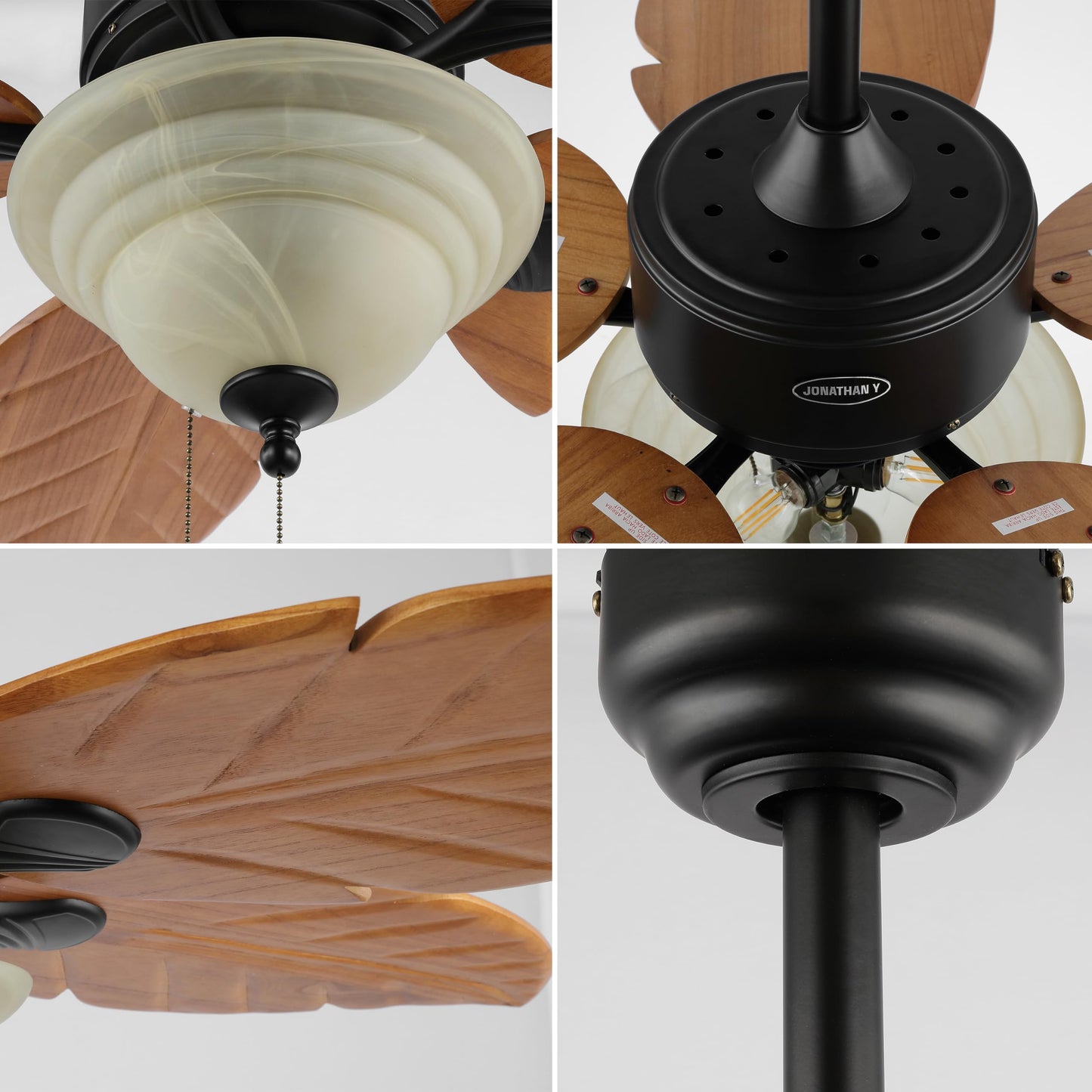 JONATHAN Y 52" Light Brown Coastal Bohemian Palm Leaf LED Ceiling Fan, 3-Light Rustic Wood Blades with Pull Chain for Living Room, Frosted Glass Shade, LED Bulbs Included (JYL9720C)