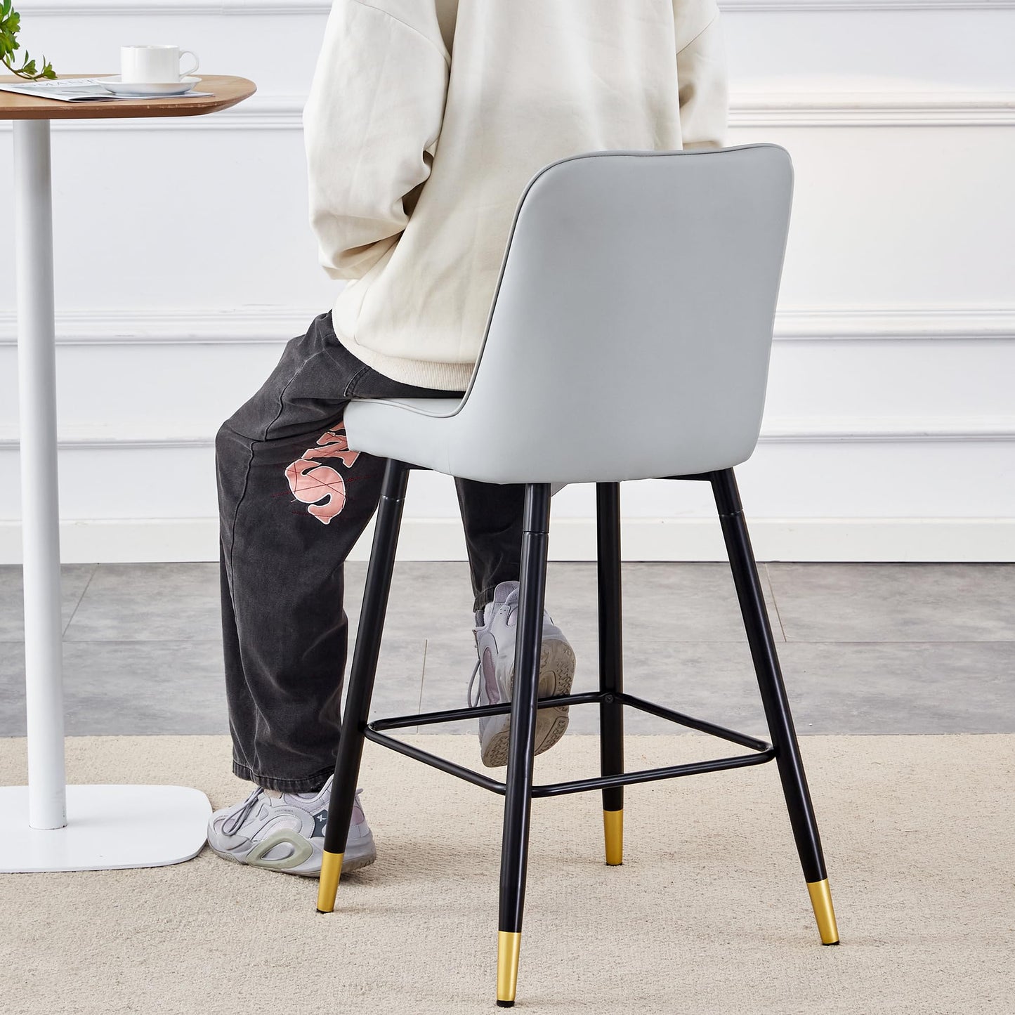 Rejeke 180° Swivel Bar Stools Set of 4, 27" Counter Height Bar Stools with Back, Swivel Light Grey Faux Leather Bar Stools for Kitchen Island, Counter Height Chairs with Metal Legs & Footrest