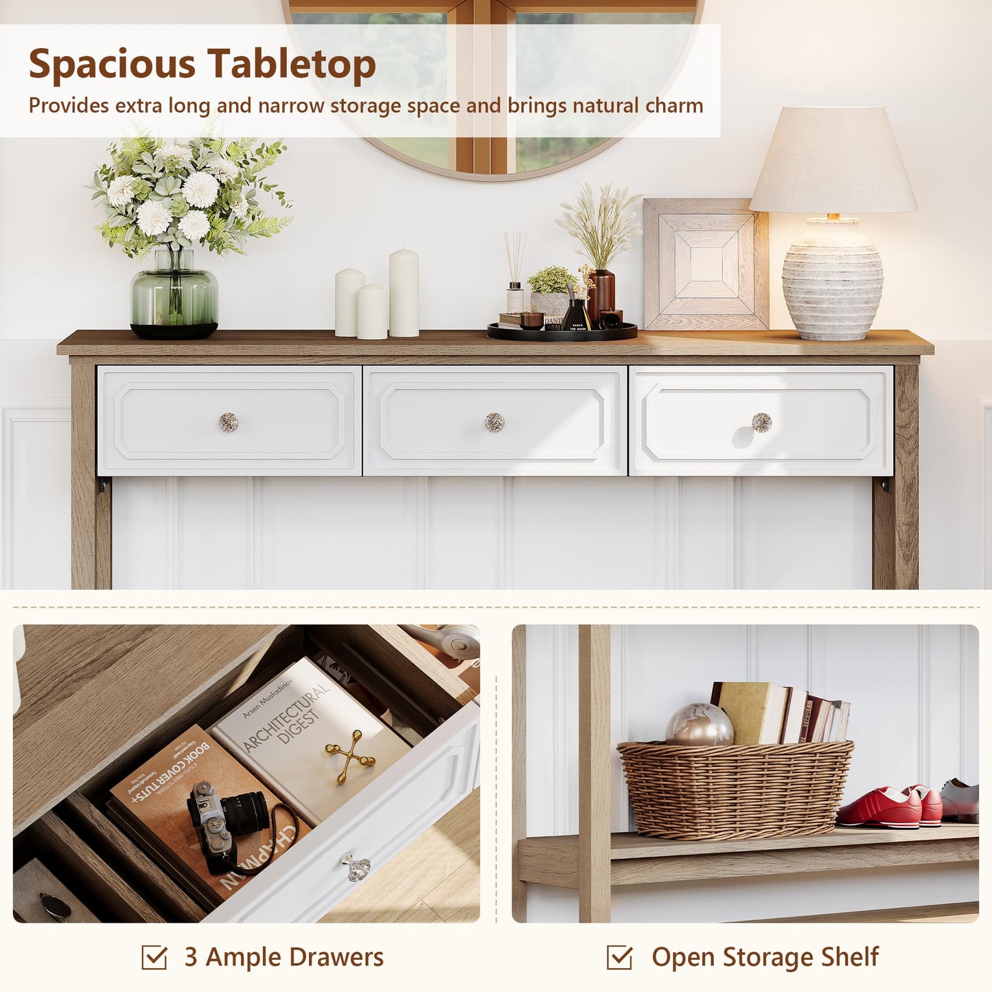 LAZZO Entryway Table with Storage Console Table with 3 Drawers and Open Shelf Behind the Couch Sofa Tables Narrow Long for Entry, Hallway, Foyer, Living Room Brown and White