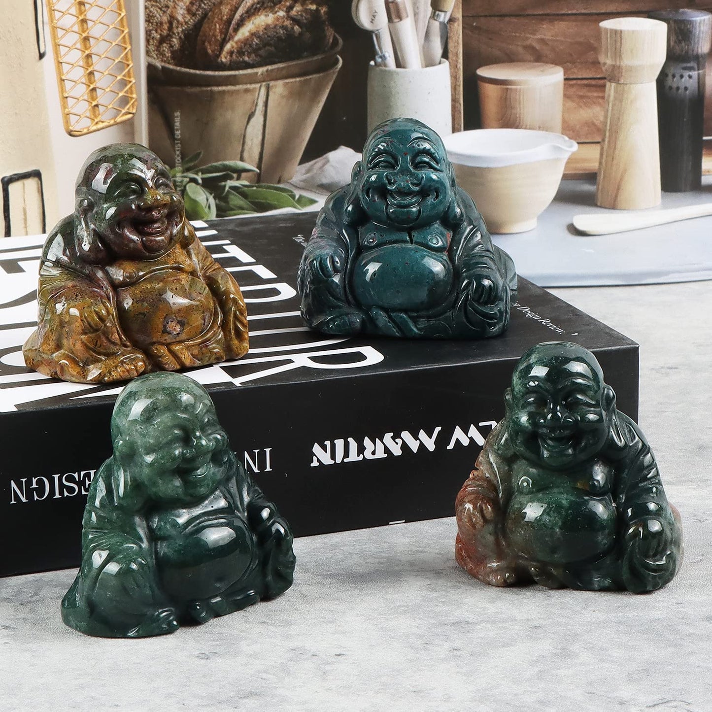 Artistone Crystals 2.0 inch Hand Carved Ocean Jasper Maitreya Buddha Figurine Healing Crystal Gemstone Seated Lucky Buddha Pocket Stone Home Decoration