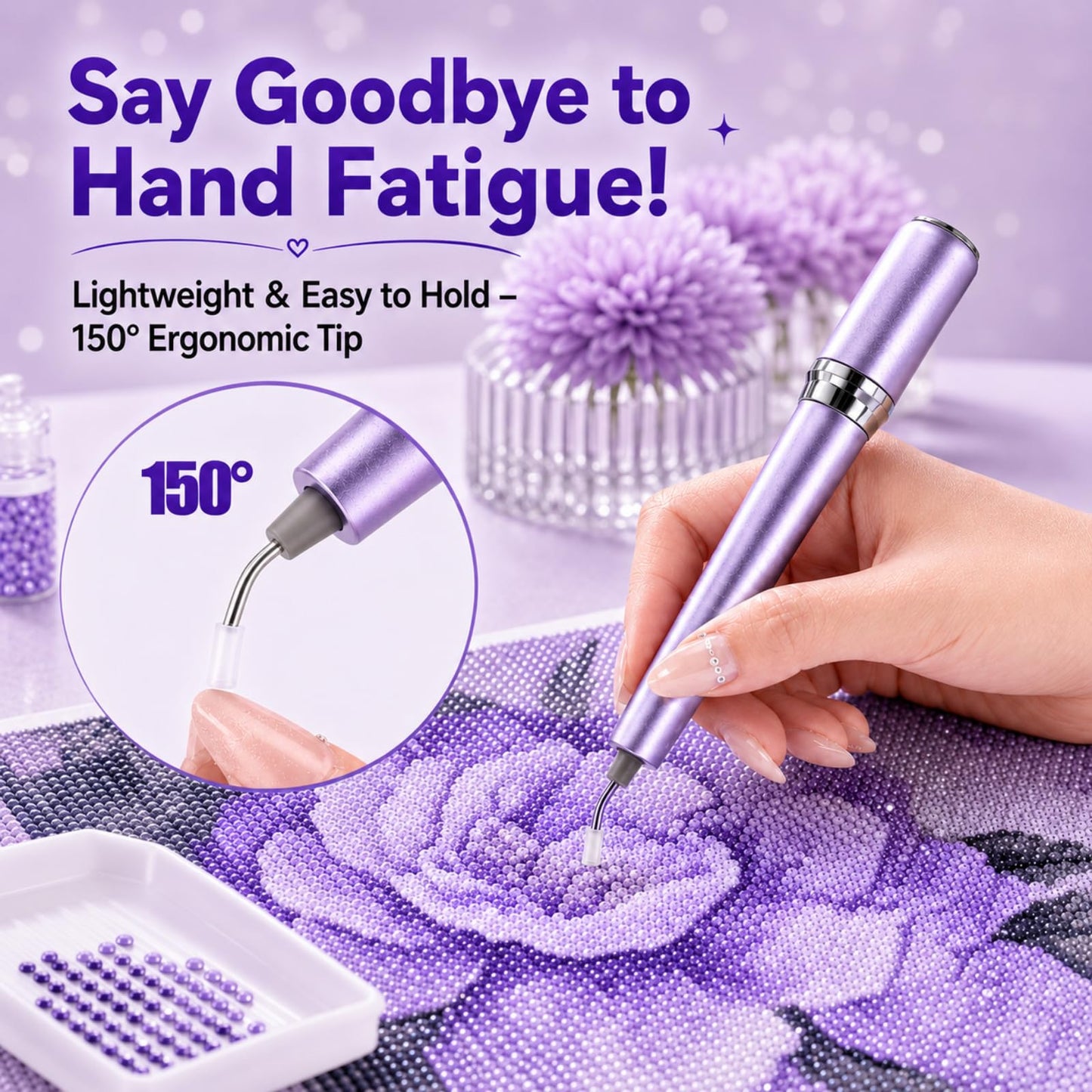 Electric Diamond Art Pen, Wireless Vacuum Diamond Painting Pen with 150° Ergonomic Angled Tip, 2-Level Suction No Wax, Diamond Art Kits for Adults, Quiet & Lightweight Diamond Art Tools (Purple)