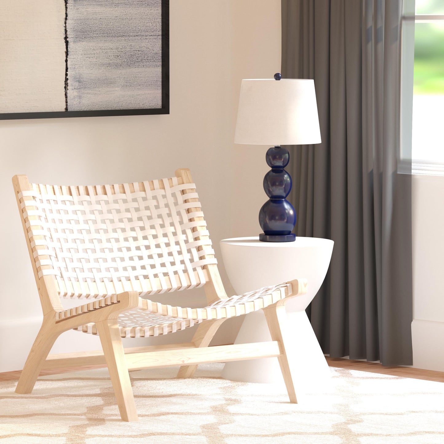 SAFAVIEH Home Collection – Luna Natural Solid Wood & White Leather Woven Accent Chair, Contemporary Lounge Chair, Fully Assembled (ACH1002A)