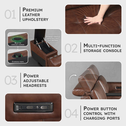 Lexicon Sectional Couches for Living Room-Modular Sectional Sofa, Power Double Reclining Loveseat with Center Console, Power Headrests, Charging Ports, Dual Cup Holders, Top Grain Leather Brown