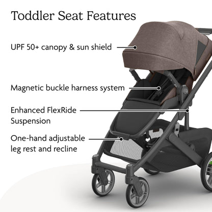 UPPAbaby Cruz V3 Stroller - from Birth + Car Seat Compatible - Full-Size, Reversible Seat - Infant Insert, Bug and Rain Shields Included - Owen (Mocha Mélange/Carbon Frame/Chestnut Leather)