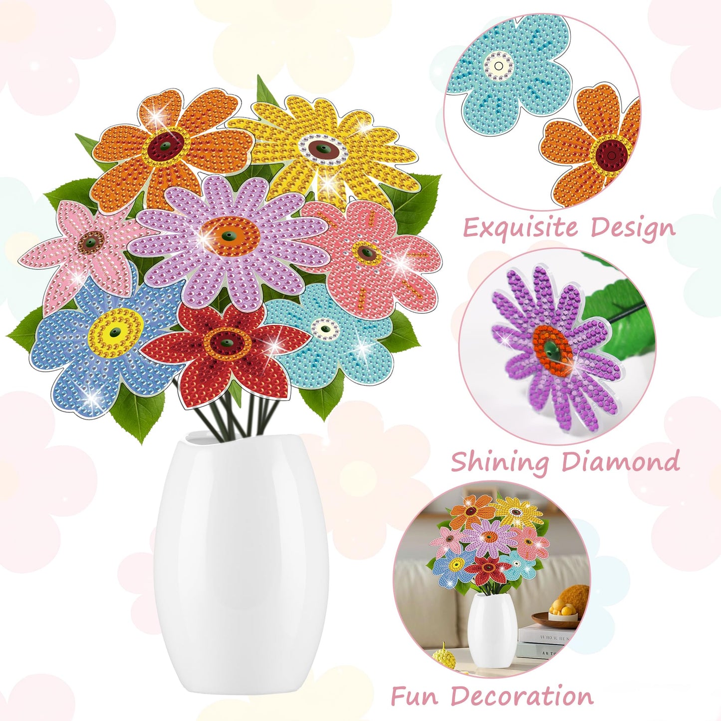 Vcekract 8 Pcs Flower Diamond Art Kits for Adults, Diamond Art for Table Decor, Diamond Painting Art Crafts for Beginners