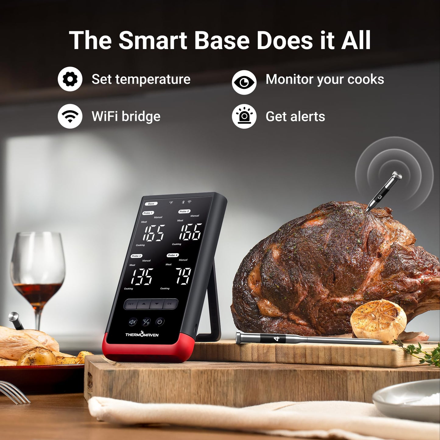 ThermoMaven Smart Bluetooth Wireless Meat Thermometer: Standalone Base, WiFi Unlimited Range, 6 Sensors with NIST Certified Accuracy, 4 Probes for Kitchen, BBQ, Grill, Oven, Smoker, Rotisserie