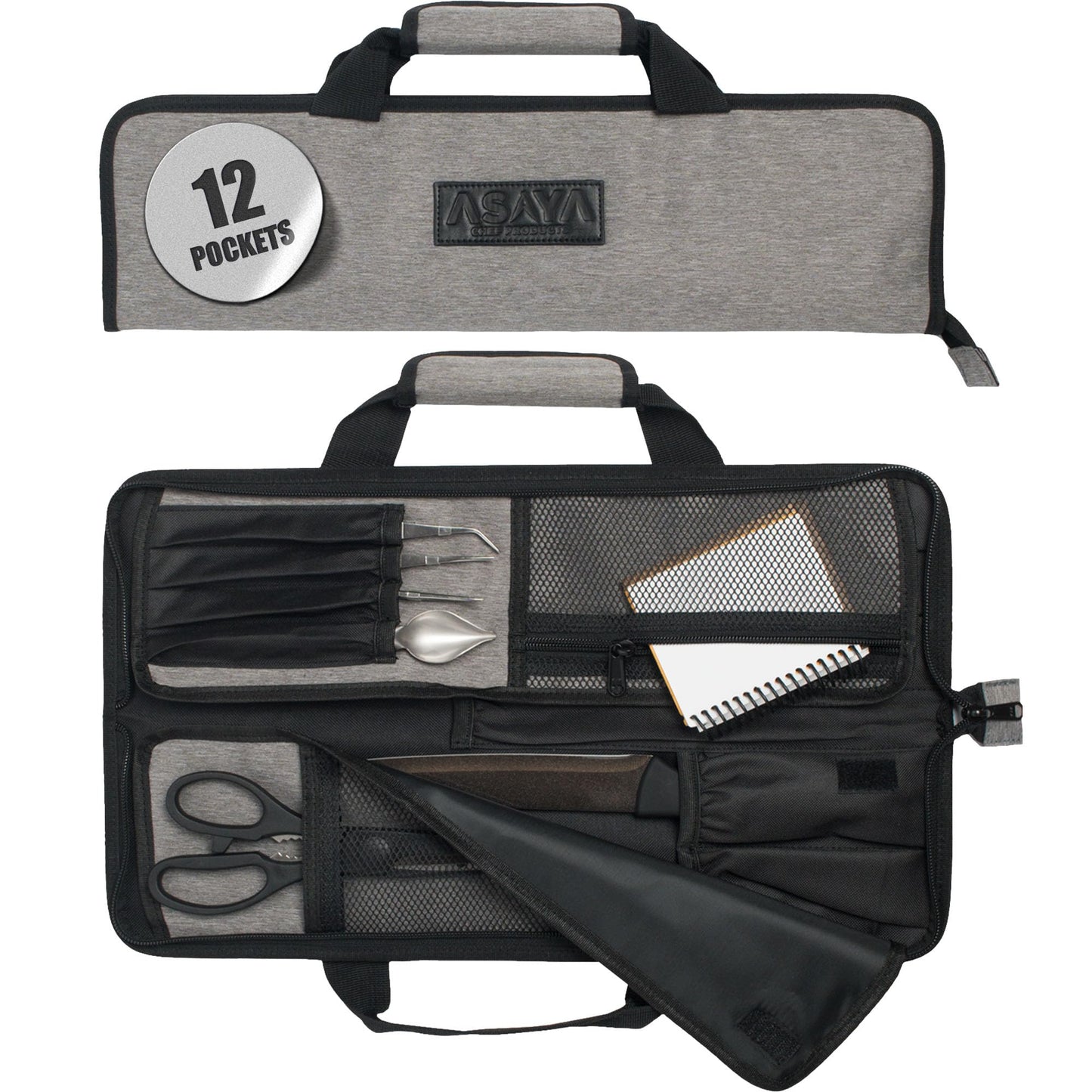 Asaya Chef Knife Roll Bag - 12-Pocket Chefs Case for Kitchen Knives and Utensils, Lightweight Stain-Resistant Waxed Nylon Chef Knife Bag - Knives Not Included (Grey)