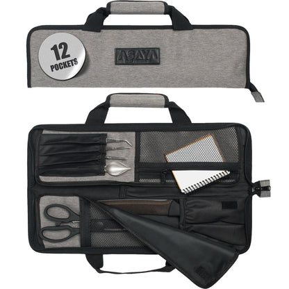 Asaya Chef Knife Roll Bag - 12-Pocket Chefs Case for Kitchen Knives and Utensils, Lightweight Stain-Resistant Waxed Nylon Chef Knife Bag - Knives Not Included (Grey)
