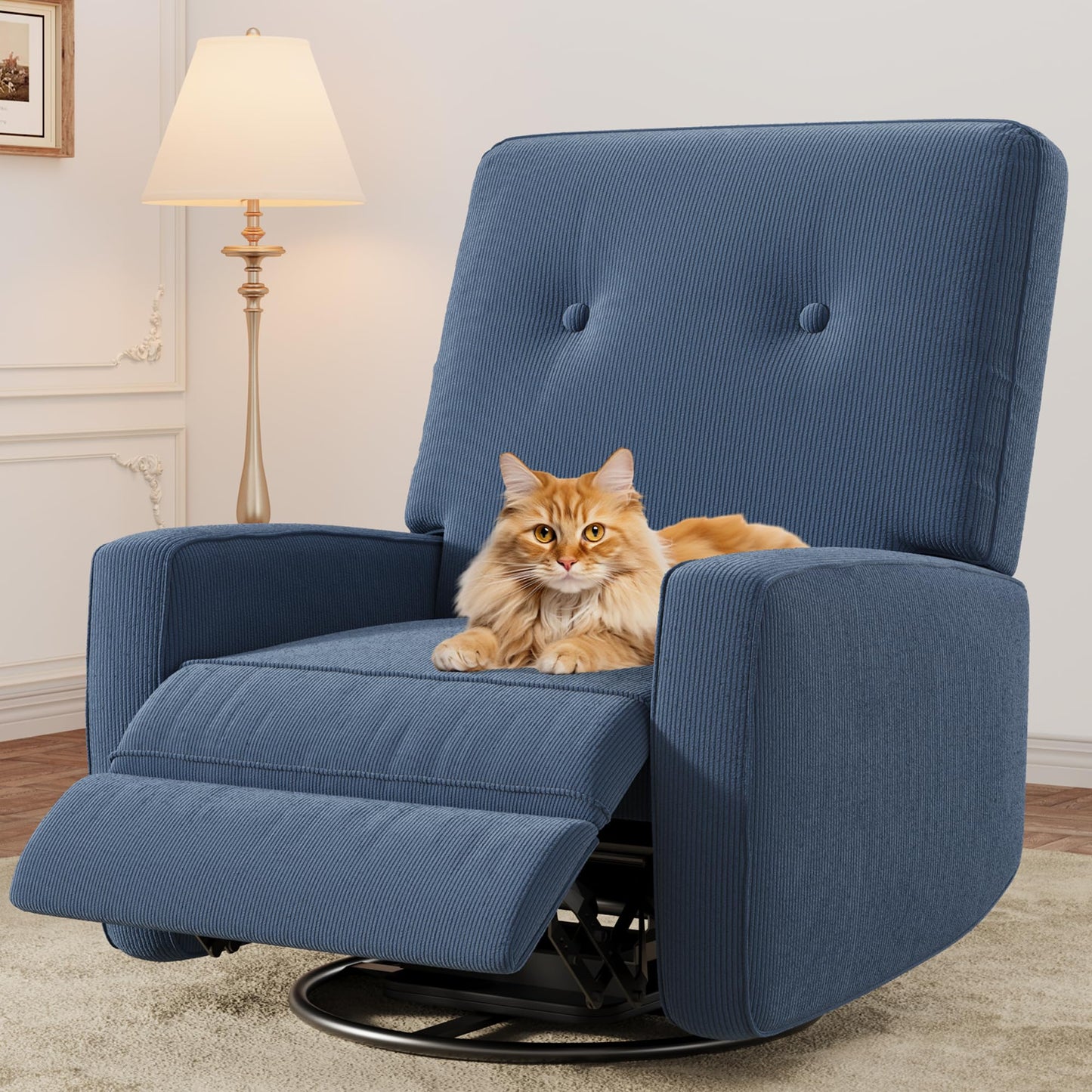 IDEALHOUSE Recliner Chair, 360° Swivel Rocking Glider Chair for Adults with Adjustable Backrest & Footrest, Cozy Corduroy Upholstered Armchair for Living Rooms, Bedrooms, Blue