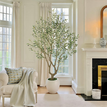 Bellacat 7ft Faux Olive Tree with Warm White Spotlight & 15''D x 13.5''H Large White Planter, 84in Fake Olive Tree with Lifelike Leaves& Fruits, Artificial Olive Tree Indoor for Home & Office Decor