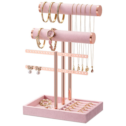 bussdis 3 Tier Bracelet Holder Display - Detachable T Bar Pink Velvet Bracelet Holder, Jewelry Holder Organizer for Bracelet, Necklace, Earrings, Rings