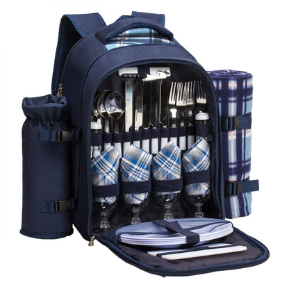 Apollo walker Picnic Backpack Set for 4 with Cooler Compartment,Detachable Bottle/Wine Holder Including Large Picnic Blanket(45"x 53") for Picnic Family and Lovers Gifts,Outdoor,BBQ Time (Blue)