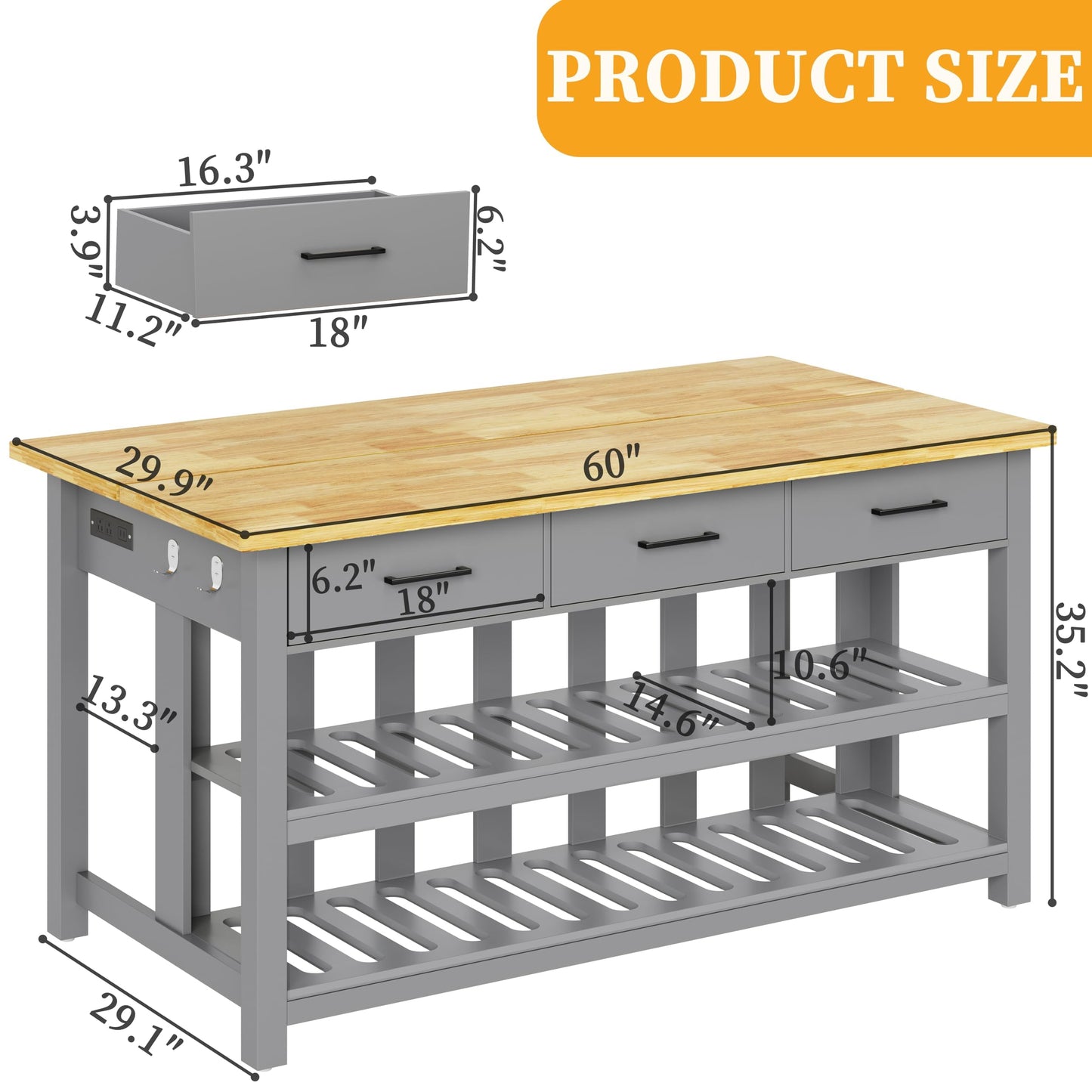 DynJest 60" Solid Rubberwood Kitchen Island with Power Outlets - Extra Large Work Surface, 3 Drawers & 2 Open Shelves Storage Cabinet for Kitchen Dining Room, Farmhouse Style (Grey)