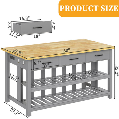 DynJest 60" Solid Rubberwood Kitchen Island with Power Outlets - Extra Large Work Surface, 3 Drawers & 2 Open Shelves Storage Cabinet for Kitchen Dining Room, Farmhouse Style (Grey)