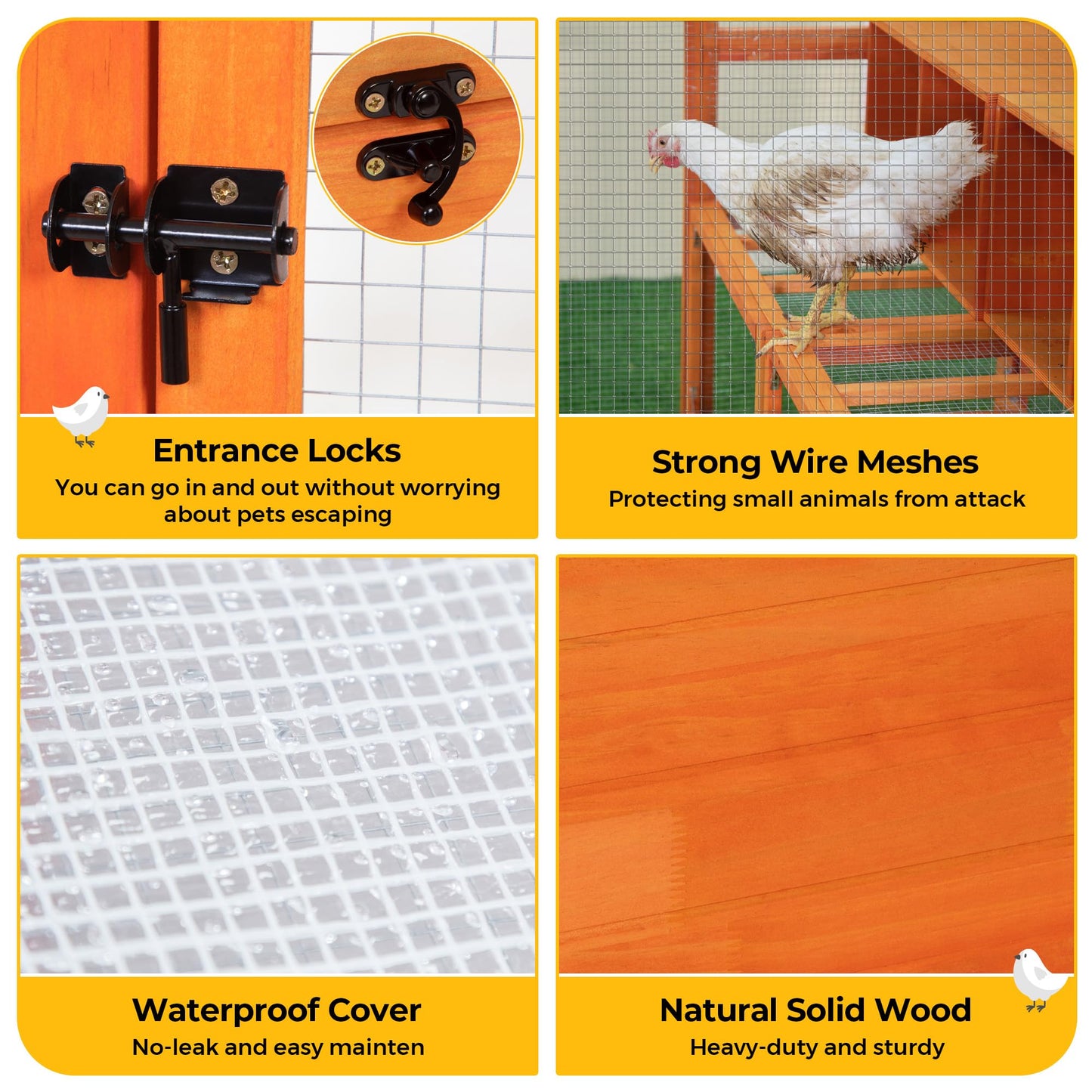COZIWOW Chicken Coop with Full Waterproof Cover, 9' Extra Large Wooden Chicken House for 10-15 Chickens, 4 Nesting Boxes & Roosting Bars, Outdoor Walk-in Poultry Run, Orange