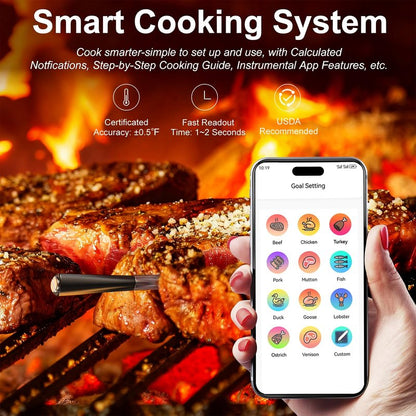 Wireless Meat Thermometer Digital with 800ft Remote Range, Bluetooth 5.3 Wireless Thermometer for Cooking with Ambient Temperature and App Alert for Oven BBQ Grilling Smoking