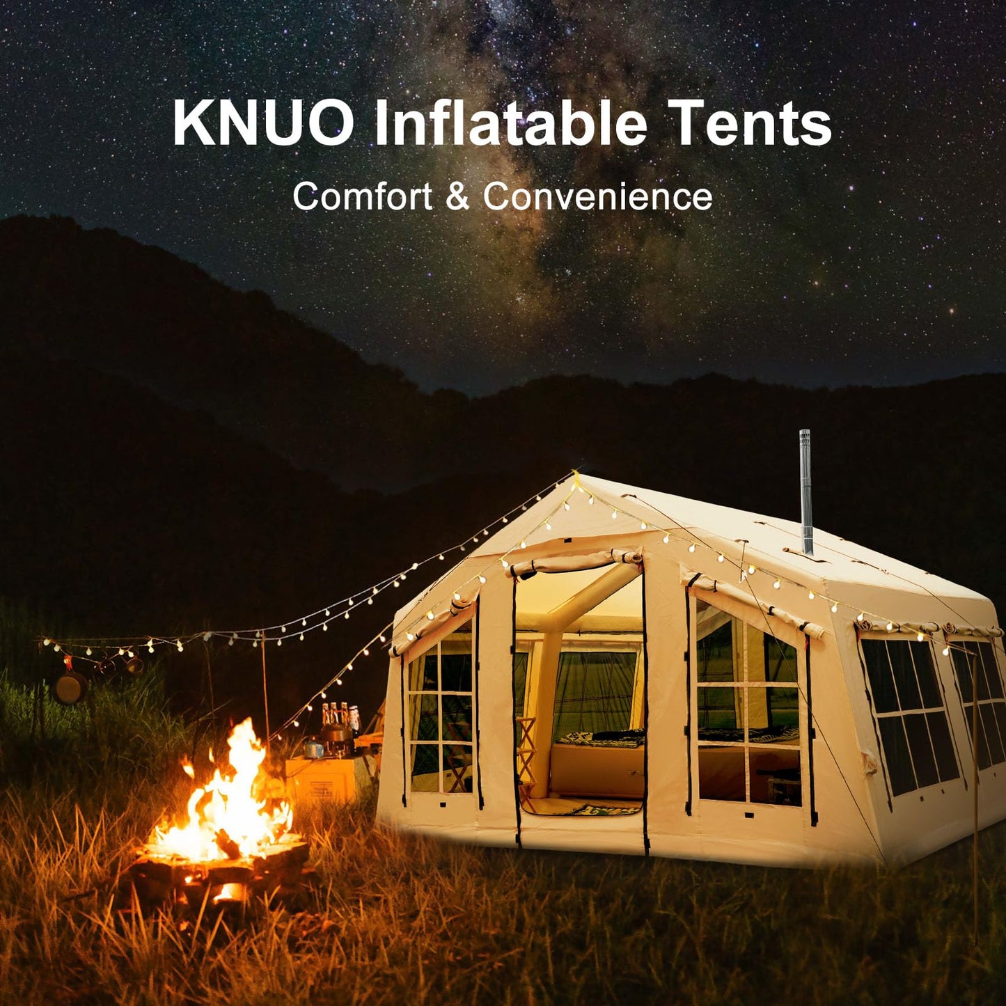 KNUO 2026 Upgraded Waterproof Inflatable Camping Tent for Winter with Rain Cover for 4~6 People, Large Blow-Up Air Tent, No Assembly Needed Luxury Glamping House, 12x12ft Oxford Fabric, Beige