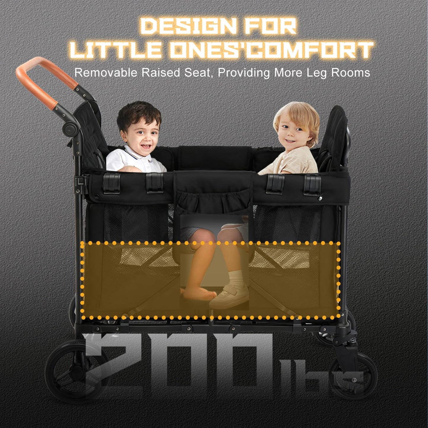 Wagon Stroller for 2 Kids, Foldable All-Terrain Wagon for Kids with Canopy, Adjustable Push and Pull Handles,Convertible High Seat & Organizer, 5 Point Harness (Black)