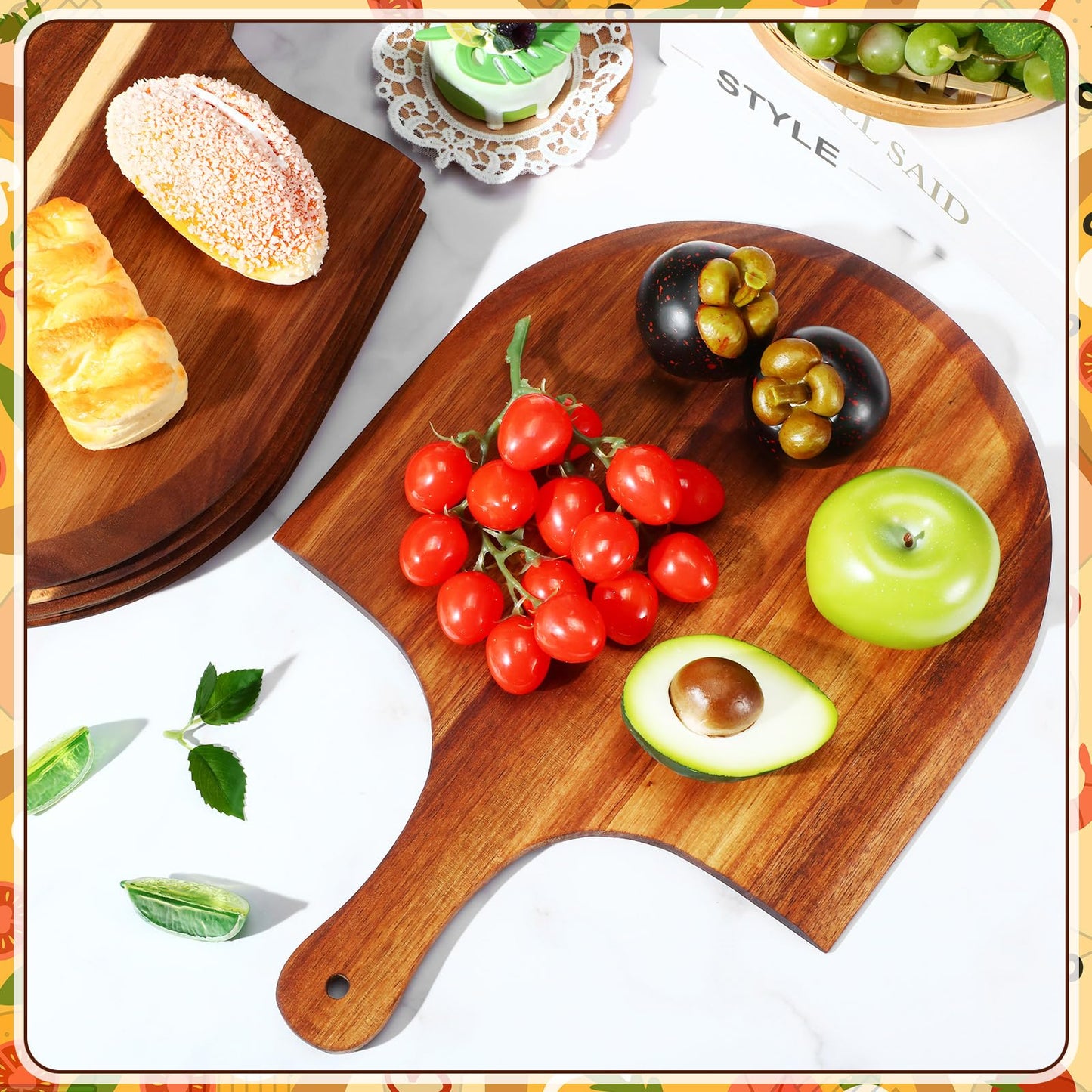 Dandat 6 Pcs Acacia Wood Pizza Peel with Handles 12 Inch Wooden Spatula Paddle Round Pizza Cutting Board Cheese Serving Tray for Meat Bread Charcuterie Deli