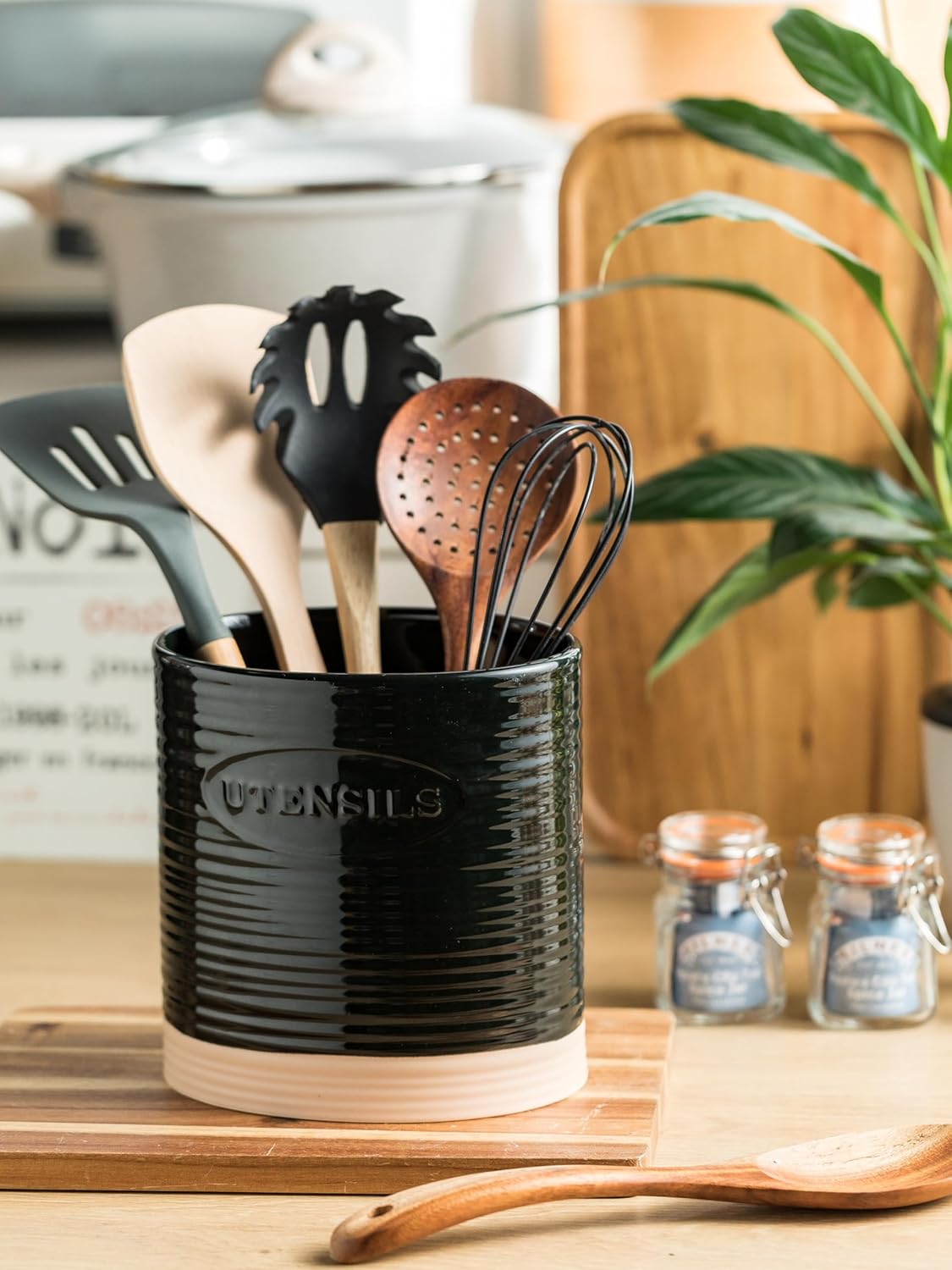 YHOSSEUN Black Ceramic Utensil Holder, 6.7" Kitchen Counter Caddy for Tools, Oval Shape Utensil Storage