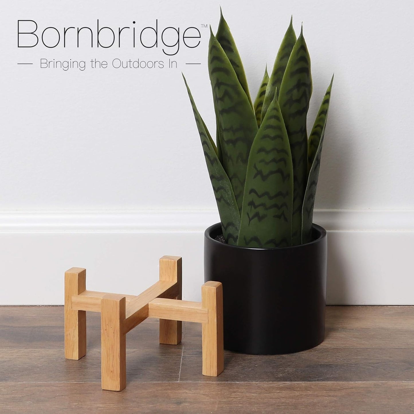 1 Pack) Bornbridge Artificial Snake Plant with Mid Century Plant Stand - Sansevieria Plant in Modern Planter