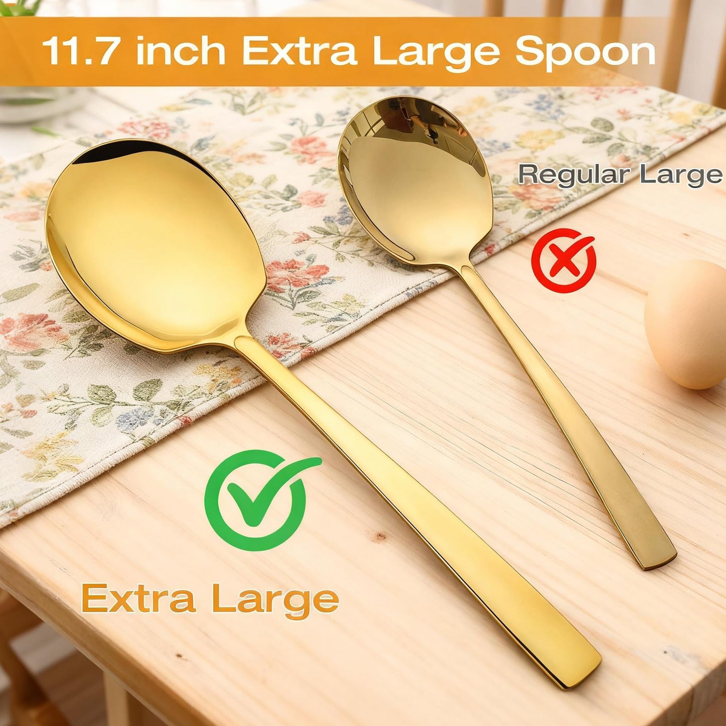Extra Large Serving Spoons Set 11.7-Inch Gold Serving Utensils 18/8 Stainless Steel Big Metal Spoons for Buffet, Parties, Catering, Banquet - Dishwasher Safe (4-Pack, Gold)