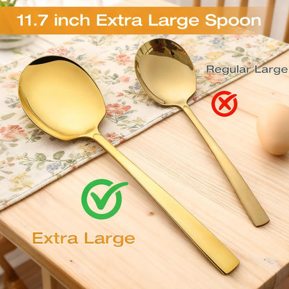 Extra Large Serving Spoons Set 11.7-Inch Gold Serving Utensils 18/8 Stainless Steel Big Metal Spoons for Buffet, Parties, Catering, Banquet - Dishwasher Safe (4-Pack, Gold)