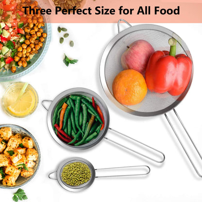3Pcs Super Wire Extra Fine Mesh Strainer with Handle, Small Medium Large Size Sifter Metal Strainer Set, Stainless Steel Sieve Fine Mesh Strainers for Kitchen Rice Juice Quinoa Food Flour Baking YLYL
