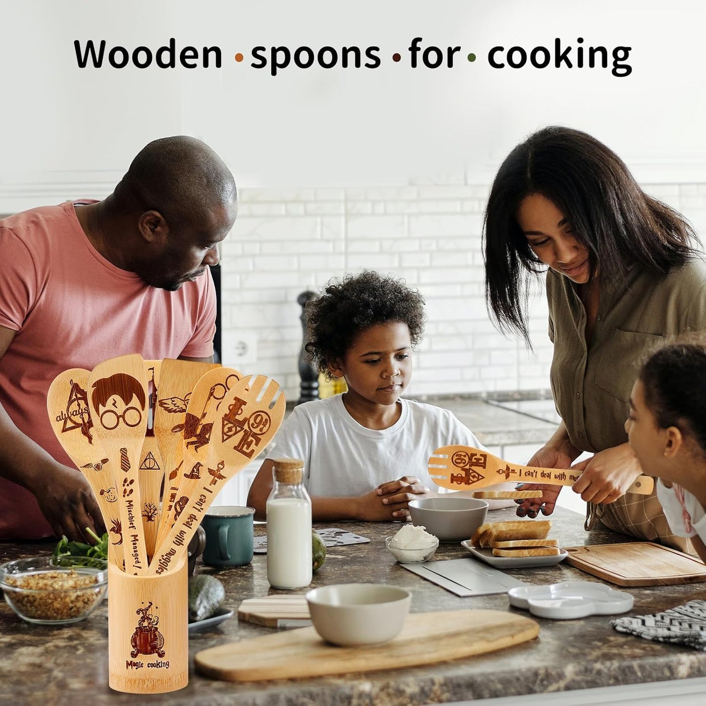 Wooden Spoons for Cooking Utensils Set 7pcs - Harry Gifts for Women Kitchen Accessories, Magic Wizard Spoon