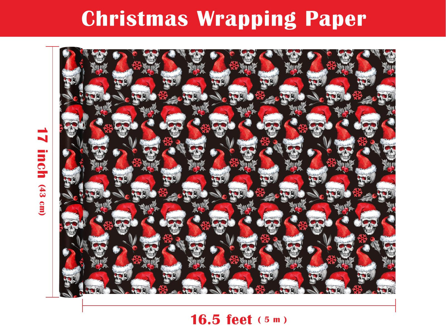 WRAPAHOLIC Skull Christmas Wrapping Paper - Mini Roll - 17 Inch x 16.5 Feet - Holly and Santa Hat Skull Wrapping Paper for Christmas, Halloween, Holiday, Party Celebration