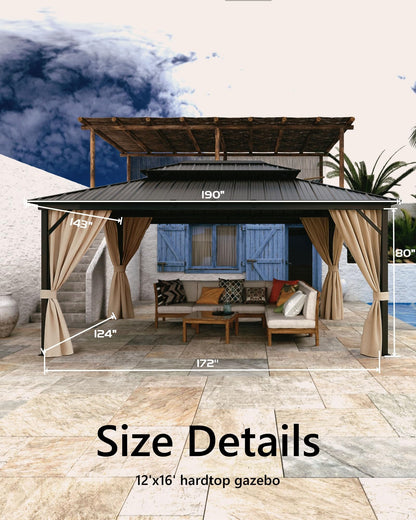 12x16 ft Hardtop Gazebo for All Weather, Double Metal Roof, Reinforced Aluminum Frame, Curtains & Netting, Permanent Outdoor Pavilion for Patio, Deck, Backyard, Lawn, Garden, Matte Black Finish