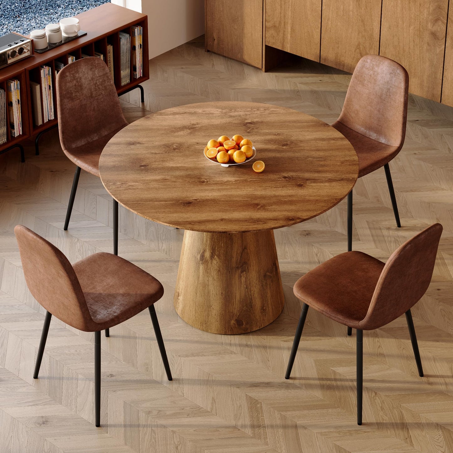 Vohuai 45-Inch Round Dining Table, Wood Round Table for 4/6, Seamless One-Piece Tabletop with Stable Conical Pedestal Base, Mid-Century Modern Round Dinner Table for Small Spaces Kitchen, Urban Family