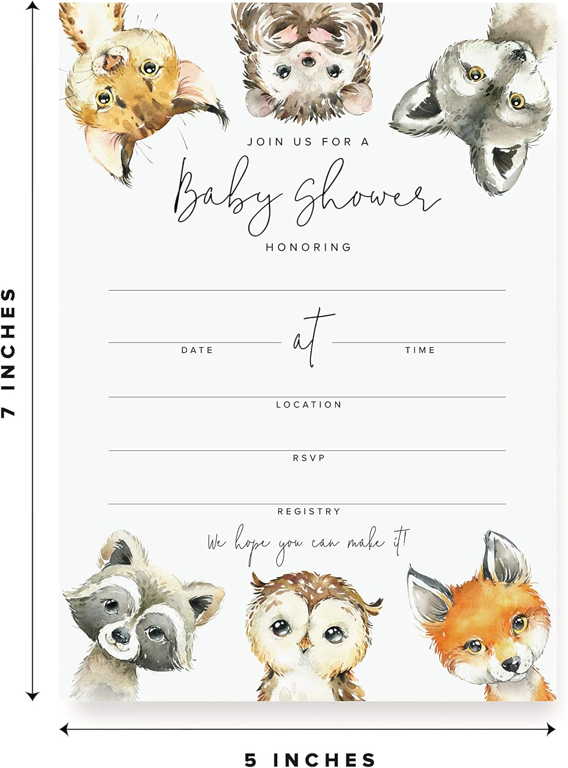 Bliss Collections 25 Baby Shower Invitations with Envelopes, Woodland Animals, Gender Neutral 5x7 Cards